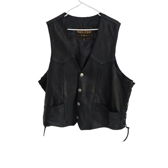 UNIK Leather Black Biker Motorcycle Vest Size 52 Buffalo Head Buttons 4 Pockets - Picture 1 of 9